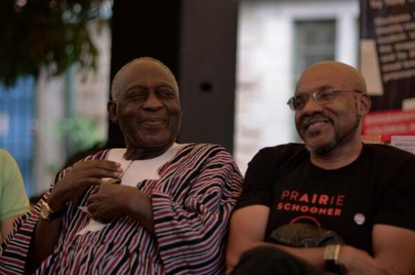 Kofi Awoonor (L) and Kwame Dawes (R), at Storymoja Hay Festival on the eve of Awoonor's death